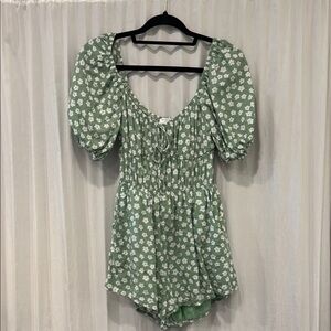 SABO SKIRT Green Floral Puff Sleeve Romper